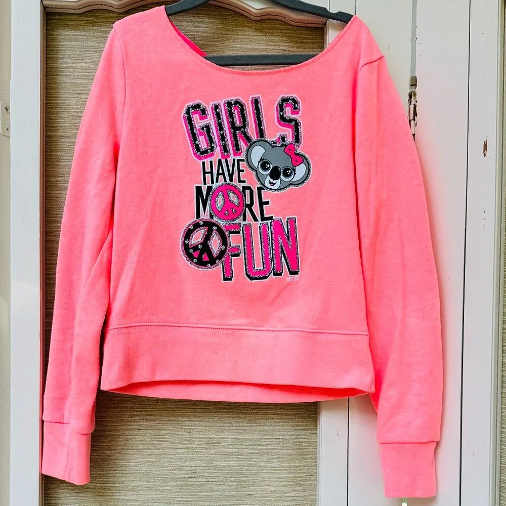 Justice Girls Have More Fun Panda Peace Sign Sweatshirt Neon Pink Girls 7
